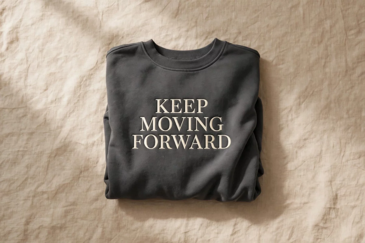 Flat-lay photo of a folded charcoal crewneck sweater with a bold serif slogan-style chest print