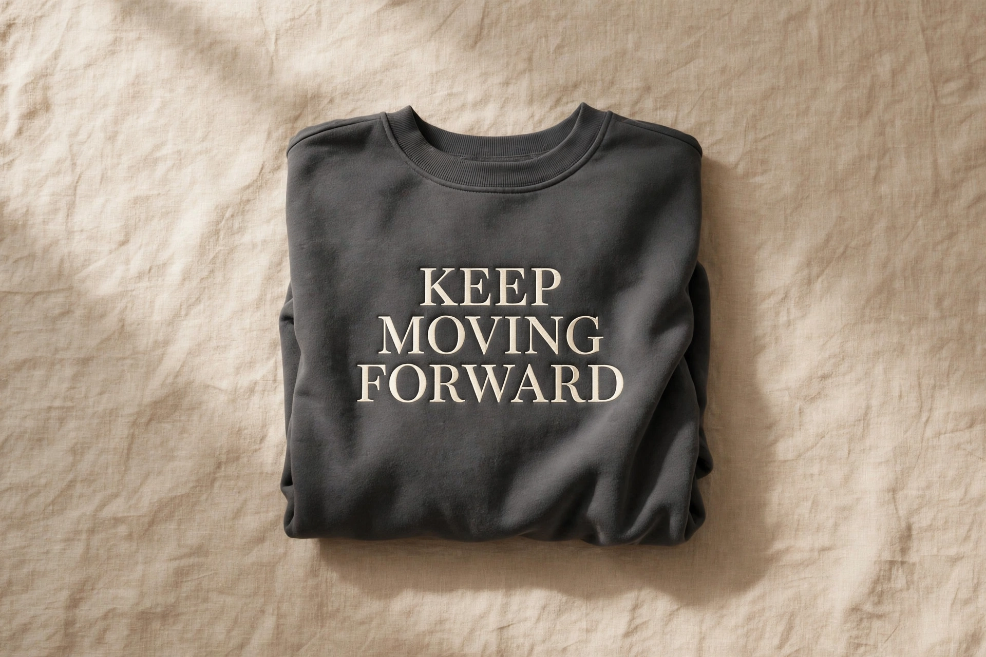 Flat-lay photo of a folded charcoal crewneck sweater with a bold serif slogan-style chest print