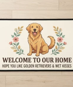 welcome to our home hope you like golden retrievers floral doormat