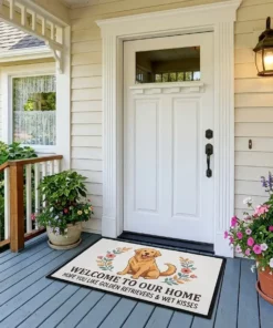 welcome to our home hope you like golden retrievers floral doormat mockup 2