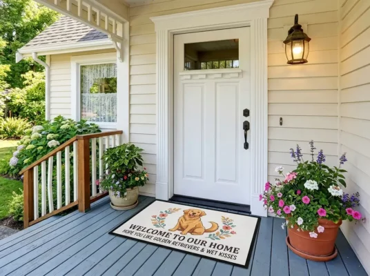 welcome to our home hope you like golden retrievers floral doormat mockup 2