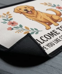 welcome to our home hope you like golden retrievers floral doormat mockup 3