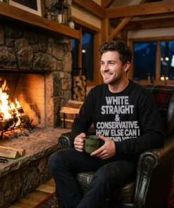 WHITE STRAIGHT CONSERVATIVE HOW ELSE CAN I OFFEND YOU Shirt - Close-up Graphic Detail Mockup