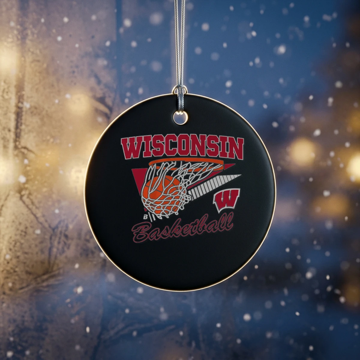 wisconsin basketball retro swish ornament Wisconsin Basketball Retro Swish Shirt - Close-up Graphic Detail Mockup