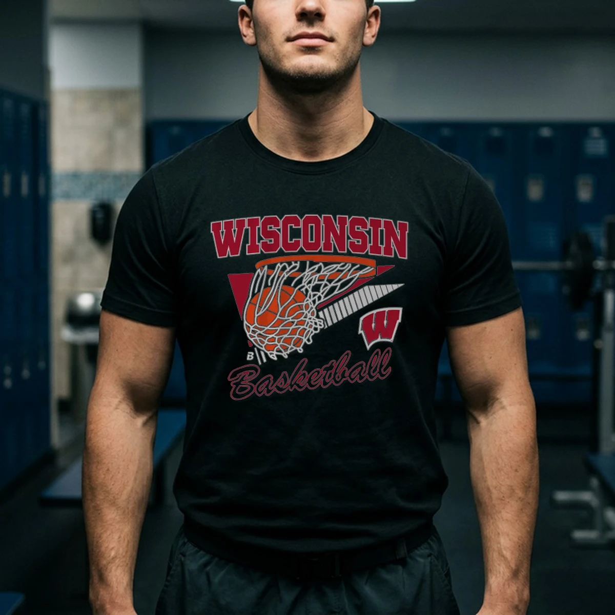 wisconsin basketball retro swish tshirt black male3 Wisconsin Basketball Retro Swish Shirt - Back or Alternative Angle Mockup