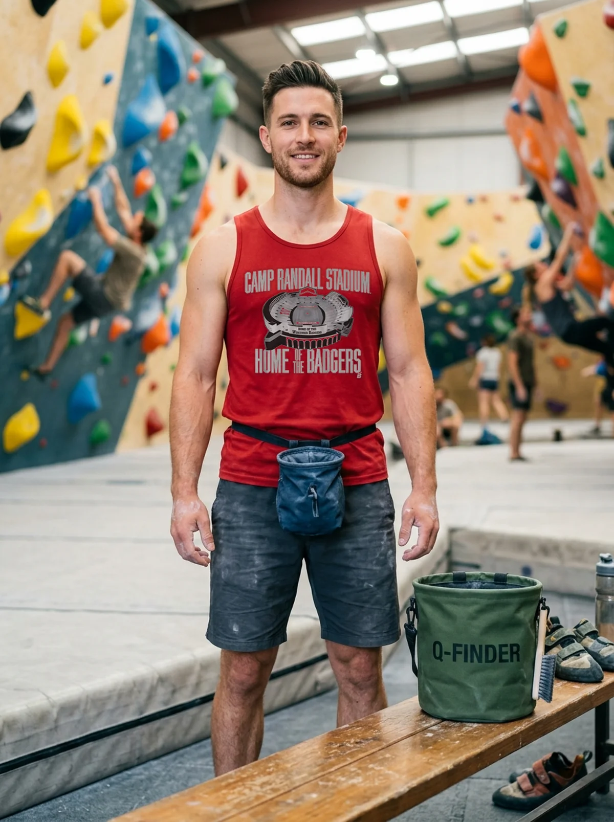 wisconsin football camp randall stadium red tanktop climbing gym Wisconsin Football Camp Randall Stadium T-Shirt - Close-up Graphic Detail Mockup