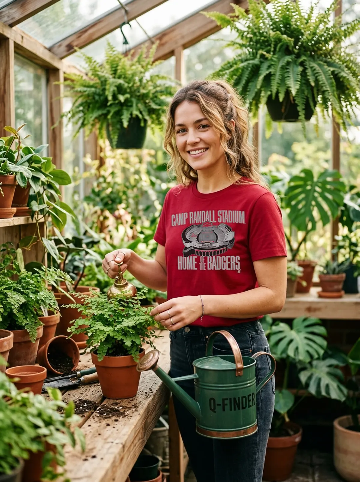 wisconsin football camp randall stadium red tshirt greenhouse plants Wisconsin Football Camp Randall Stadium T-Shirt - Front View Main Mockup