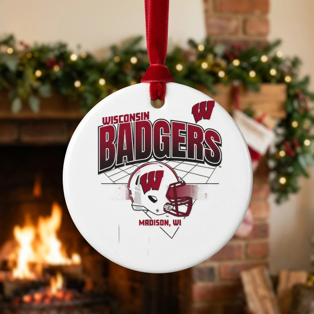 wisconsin football helmet grid ornament Wisconsin Football Helmet Grid Shirt - Lifestyle Model Mockup