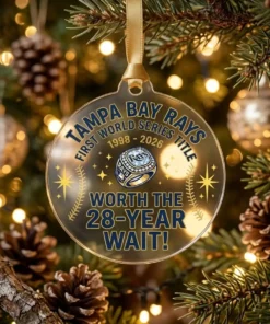 Worth The 28 Year Wait 1998-2026 Tampa Bay Rays World Series Champions Acrylic Ornament - Lifestyle Model Mockup