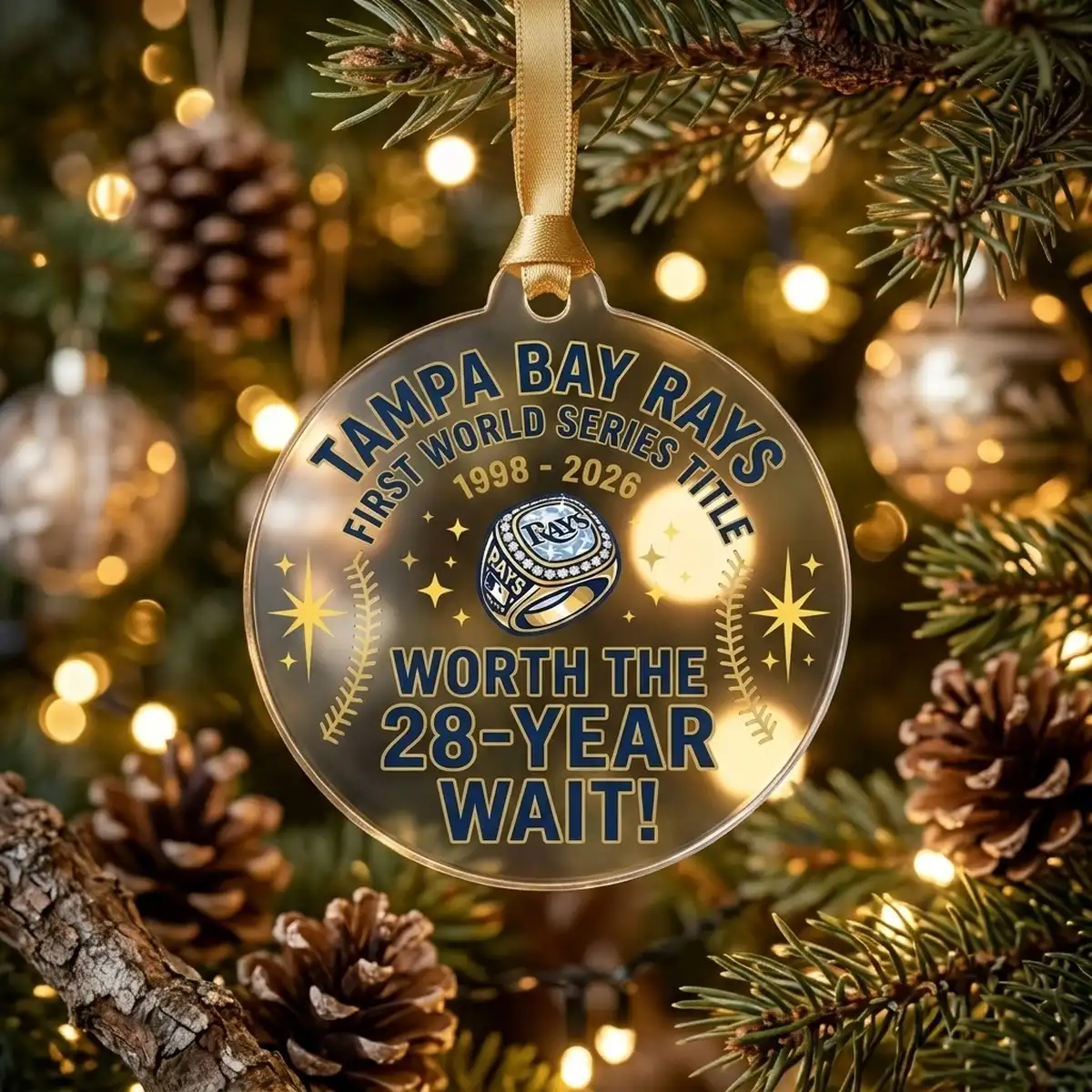 worth the 28 year wait 1998 2026 rays world series acrylic ornament 2 Worth The 28 Year Wait 1998-2026 Tampa Bay Rays World Series Champions Acrylic Ornament - Lifestyle Model Mockup