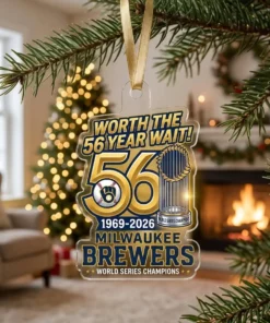Worth The 56 Year Wait 1969 To 2026 World Champions Milwaukee Brewers Custom Acrylic Ornament - Lifestyle Model Mockup