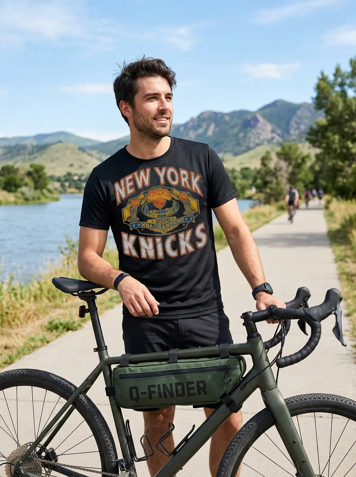 wwe x new york knicks nba champions 2026 black tshirt gravel bike WWE X New York Knicks NBA Champions 2026 Shirt - Front View Main Mockup
