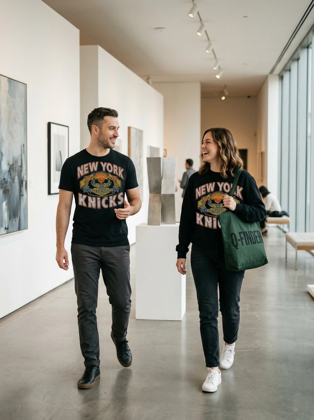 wwe x new york knicks nba champions 2026 black tshirt museum gallery couple WWE X New York Knicks NBA Champions 2026 Shirt - Close-up Graphic Detail Mockup