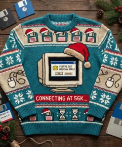 YouVe Got Holiday Mail 90s Dial Up Internet Ugly Christmas Sweater - Front View Main Mockup