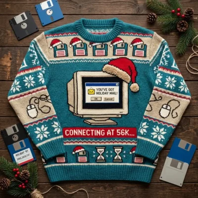 YouVe Got Holiday Mail 90s Dial Up Internet Ugly Christmas Sweater - Front View Main Mockup
