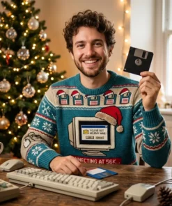 YouVe Got Holiday Mail 90s Dial Up Internet Ugly Christmas Sweater - Lifestyle Model Mockup