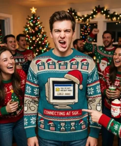 YouVe Got Holiday Mail 90s Dial Up Internet Ugly Christmas Sweater - Close-up Graphic Detail Mockup