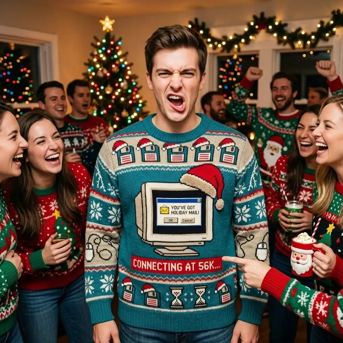 youve got holiday mail 90s dial up internet ugly christmas sweater 3 YouVe Got Holiday Mail 90s Dial Up Internet Ugly Christmas Sweater - Close-up Graphic Detail Mockup